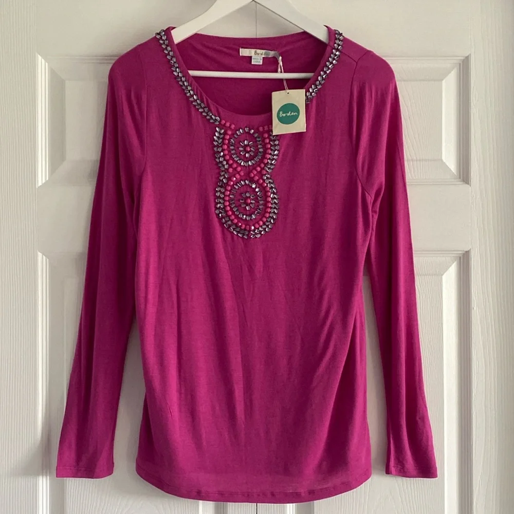 NWT Boden Long Sleeve Embellished Tee Shirt in Mulberry - Size 10